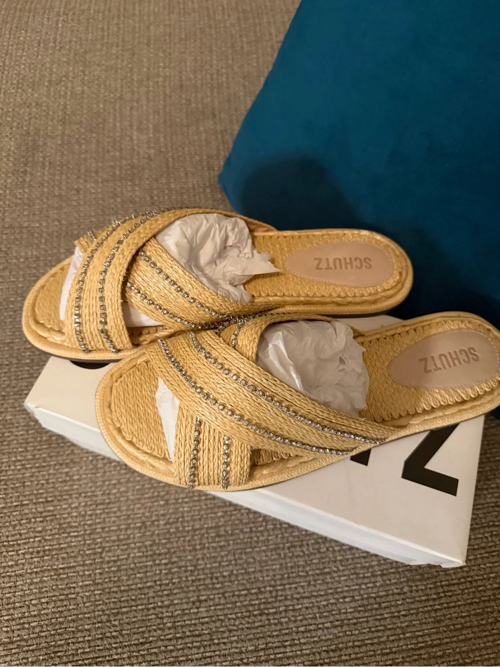 New! SCHUTZ Yellow Raffia Crisscross Slide Sandals with Rhinestone Trim